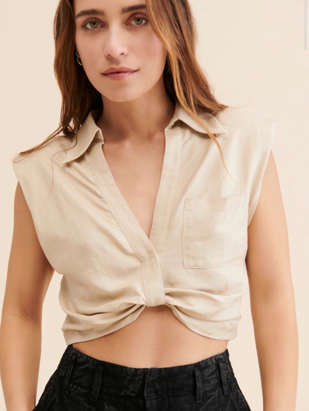 NWT ASTR Kathlyn Crop Top Linen (Khaki | Small) - Picture 6 of 8